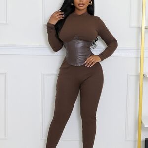 Brown Long Sleeve Jumpsuit with Corset Detail